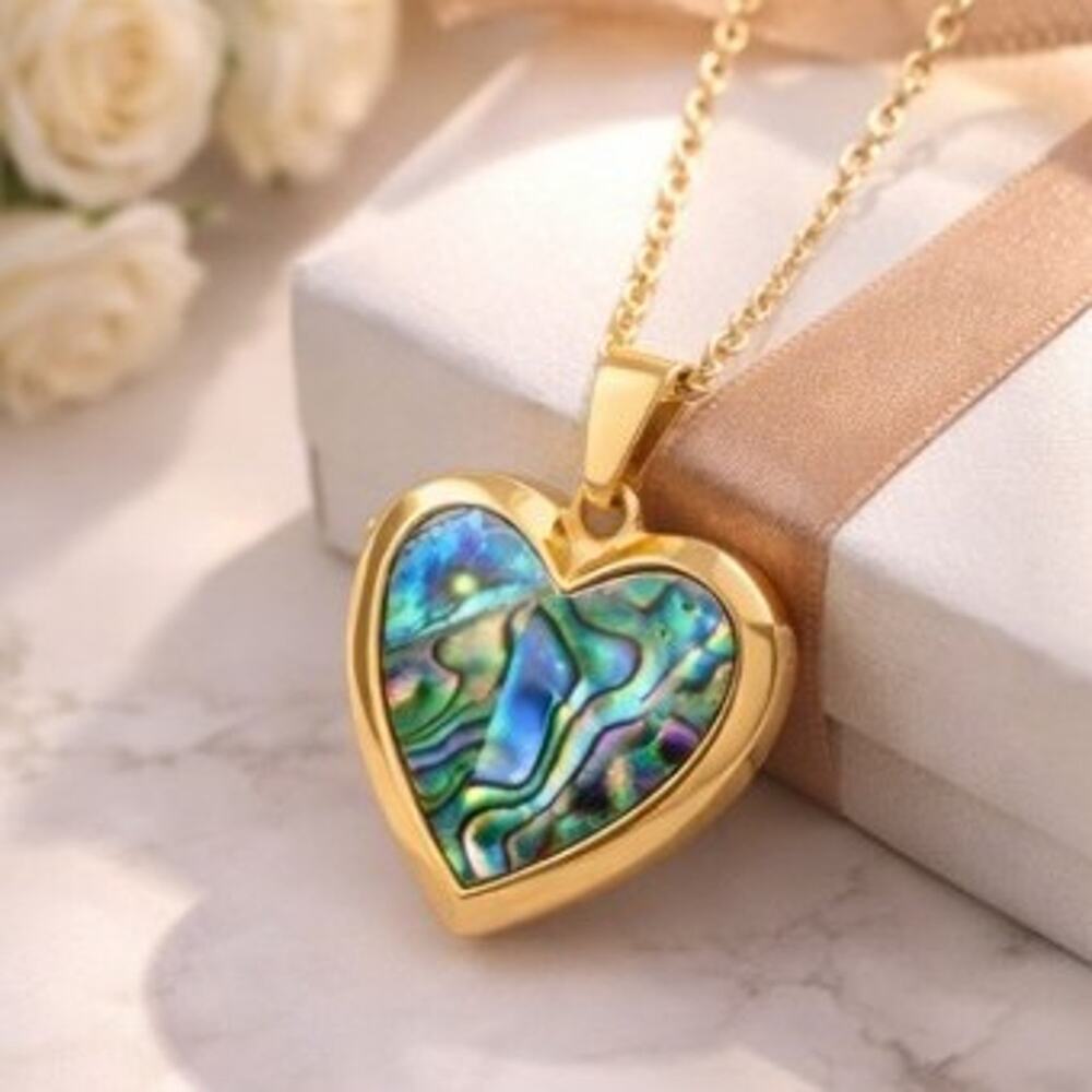 Ornate Gold Tone Heart locket Necklace Abalone Shell Valentines Birthday Gift